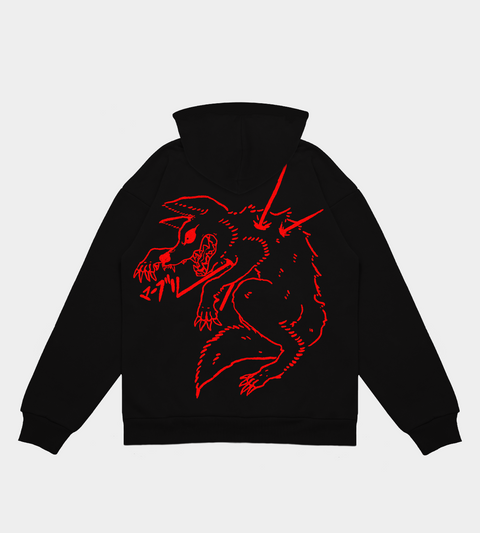 Red OKAMI - Black Hooded Sweatshirt